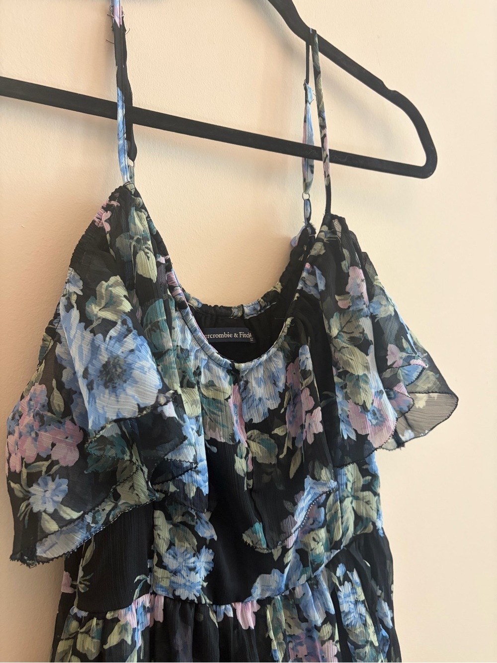 Abercrombie & Fitch Floral Off-Shoulder Hi-low Dress in Black & Blue Women’s Med - Picture 5 of 11